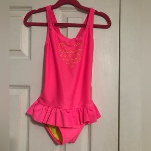 Cat & Jack girls size small hot pink one piece swim suit with yellow‎ underlay